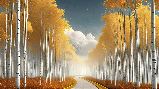 金黄色秋天的桦树林背景图片