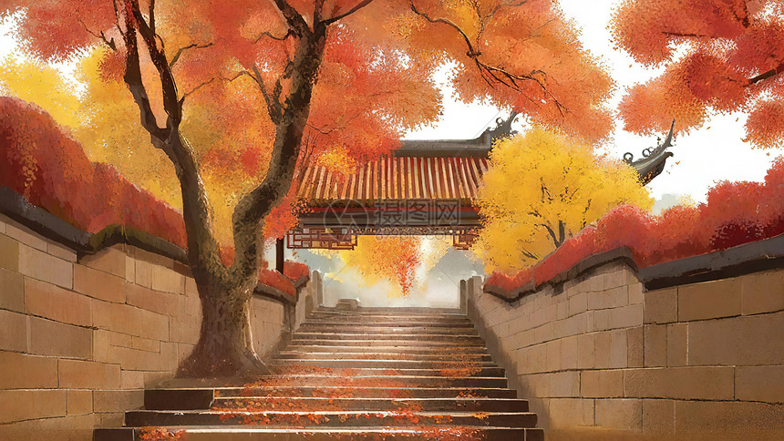 秋天楼梯旁边的枫树风景画图片