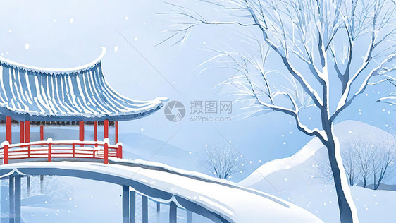 白雪皑皑的公园亭子图片