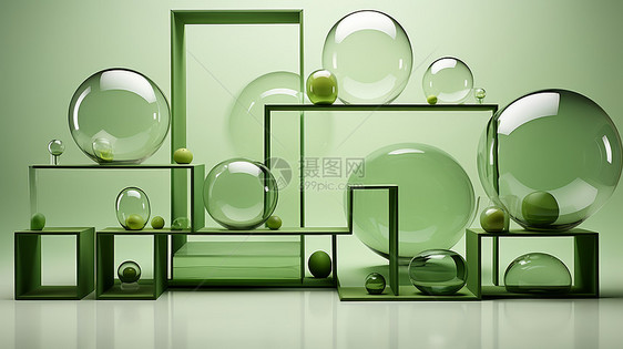 绿色主题时尚透明玻璃几何图形背景图片