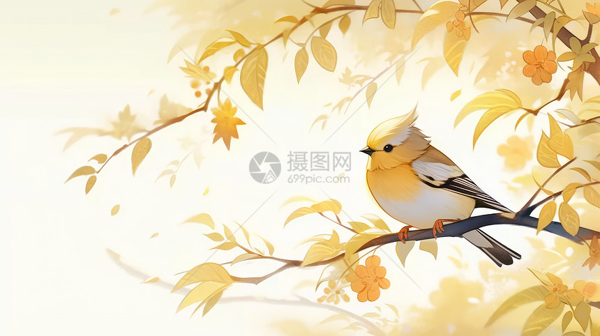 树枝上落着一只漂亮的卡通小鸟背景图片
