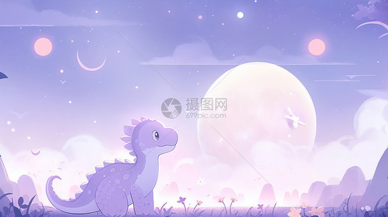 夜晚站在草地上欣赏月亮的卡通恐龙紫色主题背景图片