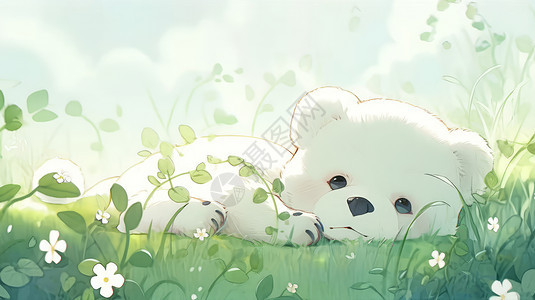趴在绿色草地上可爱的卡通小白熊卡通背景图片