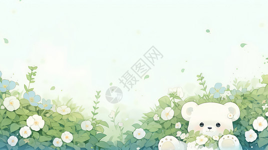 藏在花丛中的可爱卡通小白熊卡通背景图片