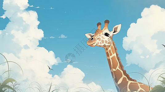有长长脖子的可爱卡通长颈鹿站在蓝天白云下卡通背景高清图片