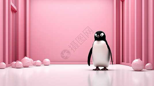 萌萌可爱的卡通小企鹅站在粉色背景边上图片