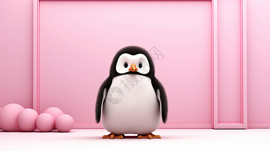 胖胖圆嘟嘟的卡通企鹅站在粉色背景墙前图片