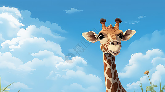 在蓝天白云下可爱的长脖子卡通长颈鹿图片