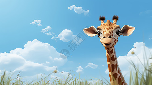 蓝天白云下一只小小的可爱卡通长颈鹿卡通动物背景图片