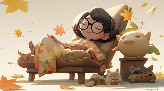 戴眼镜的可爱卡通古风小女孩躺在椅子上休息图片