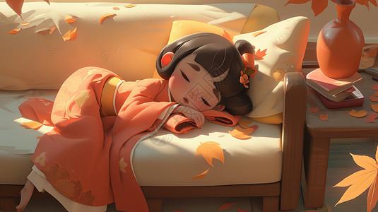 穿橙色汉服躺在沙发上睡觉的可爱卡通小女孩图片
