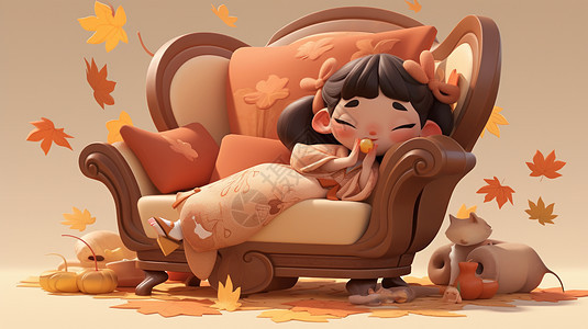 秋天在大沙发椅上玩耍的可爱卡通小女孩图片
