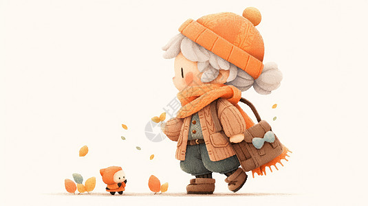 重阳登高穿秋装戴着毛线帽的可爱卡通人物插画