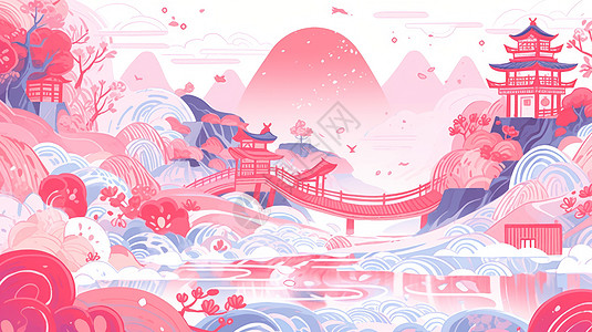 红色喜庆的中国风山水画图片