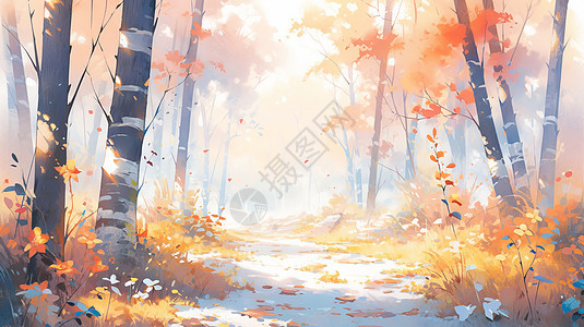 秋天唯美的森林中幽静的卡通小路图片