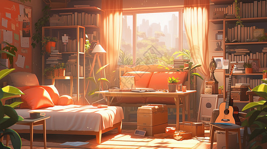 阳光透过窗子照进温馨的卡通卧室图片