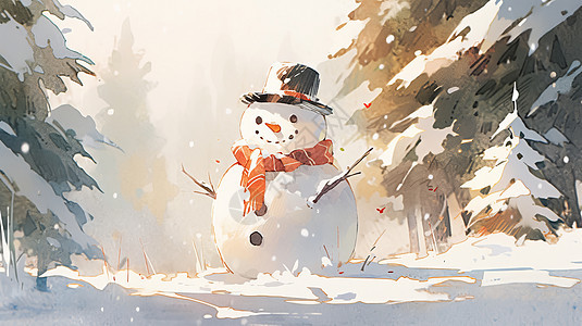 可爱的卡通小雪人在森林的雪地中图片