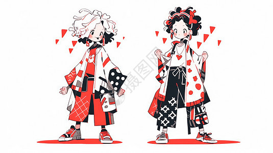 两个时尚可爱的卡通女孩穿传统服装图片