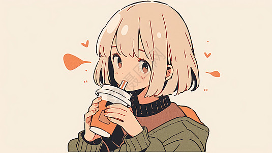 可爱的卡通小女孩抱着奶茶在喝图片