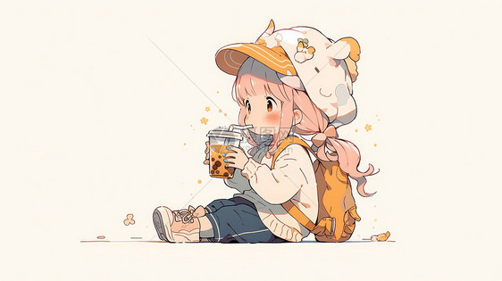 戴着黄色帽子的可爱卡通小女孩在喝奶茶图片
