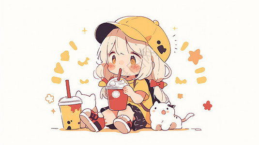 戴着黄色棒球帽坐在地上喝饮料的可爱卡通小女孩图片