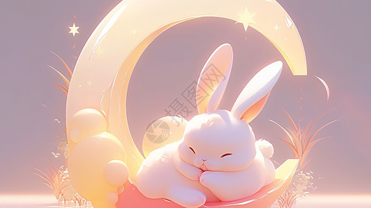 趴在月牙上酣睡的可爱卡通兔子背景图片