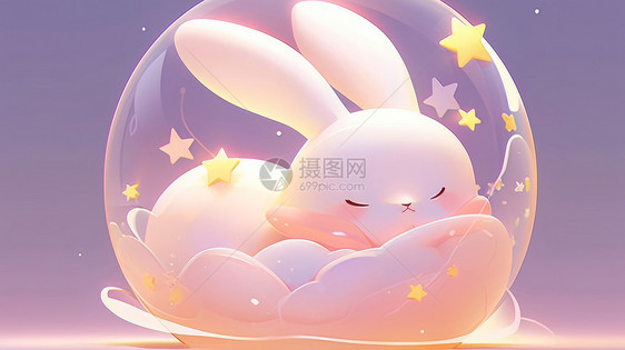 可爱的卡通小白兔在透明气泡中酣睡图片