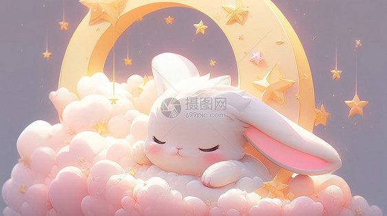 在粉色云朵上睡觉的可爱卡通兔子图片