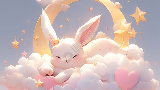 趴在云朵上休息的可爱卡通兔子图片