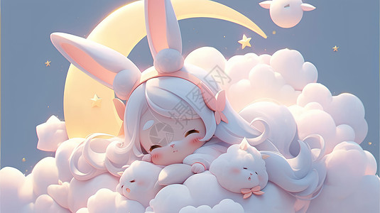 戴着兔子耳朵可爱的卡通小女孩趴在云朵上睡觉图片