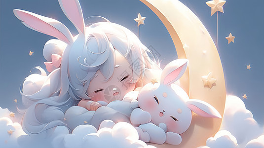 趴在月牙上与可爱的卡通兔子一起睡觉的卡通兔子女孩背景图片