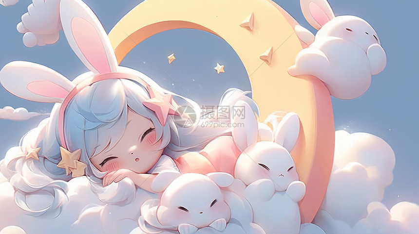戴着兔子发卡与小白兔们在云朵上睡觉的卡通女孩图片