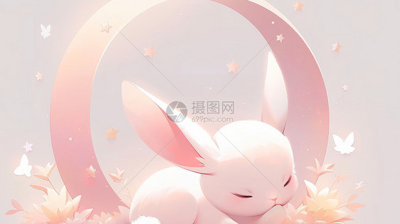 萌萌的白色卡通小白兔在睡觉图片
