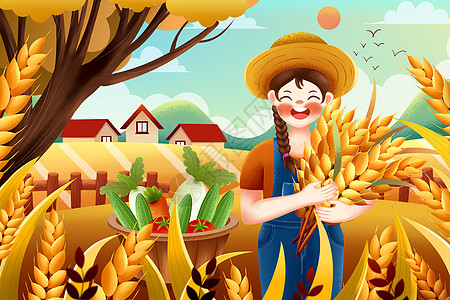 小麦地麦子丰收了世界粮食日插画插画