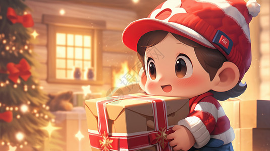 抱着礼物盒子在圣诞树旁的可爱卡通小男孩背景图片