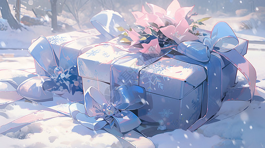 在雪地中几个漂亮的卡通礼物盒图片