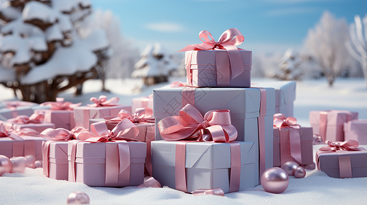 系着粉色丝带的礼物们在雪地中图片