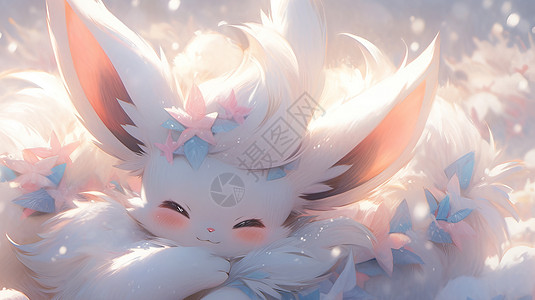 趴在雪地中开心微笑的白色卡通小狐狸图片