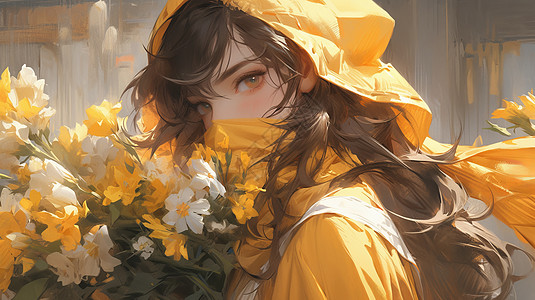 秋天卡通怀抱花朵穿黄色衣服漂亮的小清新卡通女孩插画