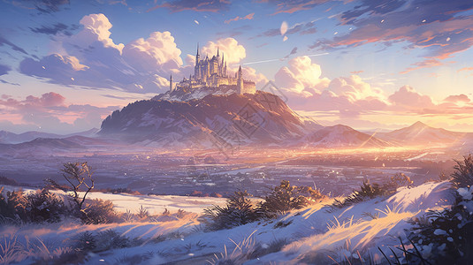 冬天远处的梦幻复古卡通城堡图片