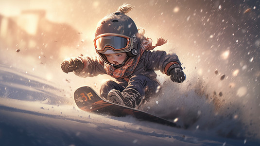 在雪地中滑雪的卡通小男孩背景图片