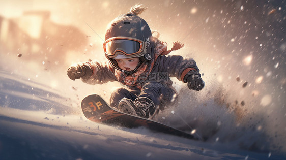 在雪地中滑雪的卡通小男孩图片