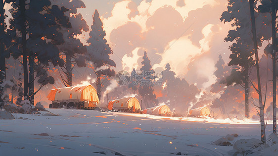 冬天森林中唯美的卡通风景图片