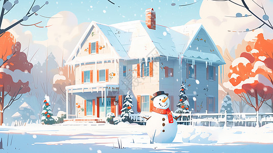 冬至大雪中一座小木屋前堆个卡通小雪人插画
