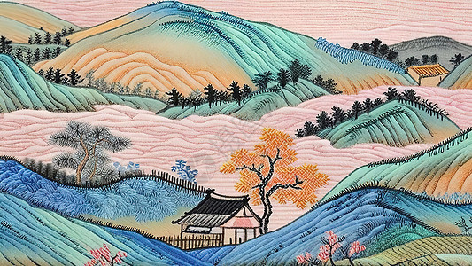 多彩连绵起伏的山丘刺绣风格图片