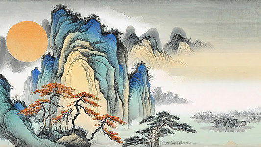 古风山河极简山水画背景图片