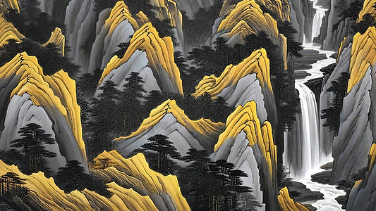 黑白条纹形成山脉河流山水画图片