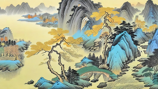 壮观的古风山水水彩画背景图片