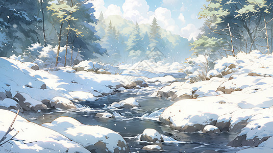 雪中森林间可爱的卡通小溪图片