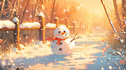 冬天傍晚雪地上一个可爱的卡通小雪人图片